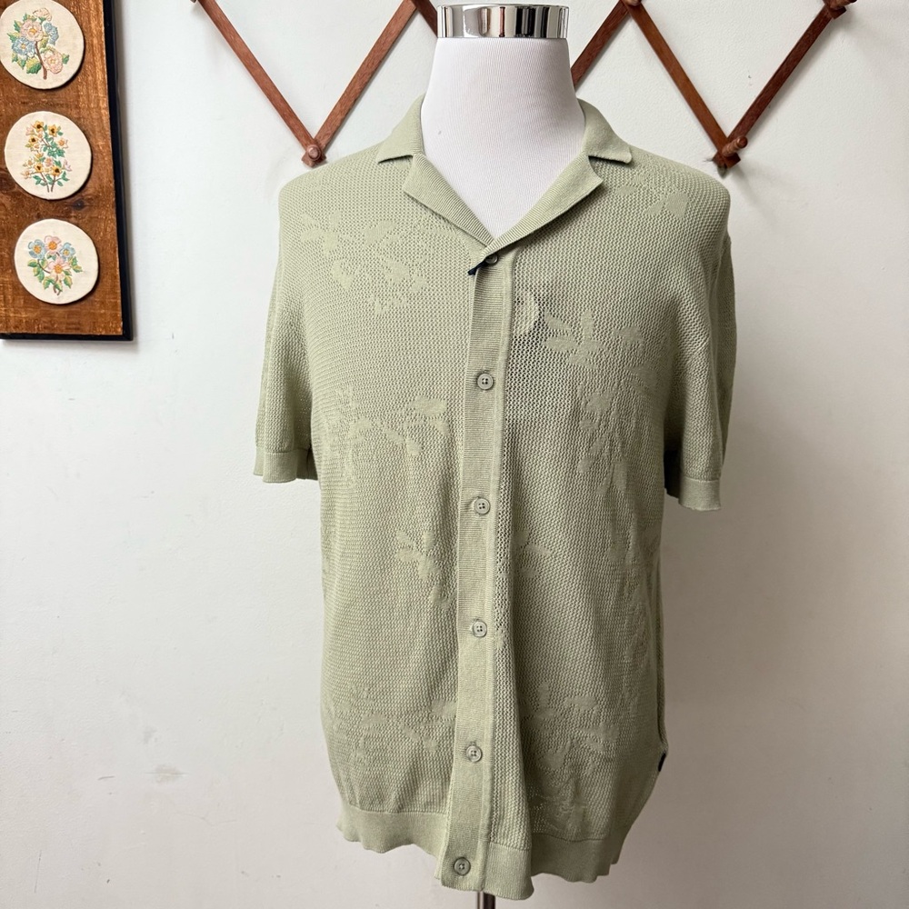 NWT Jacquard Textured Sage Green Crochet Knit Shirt